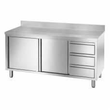 Nerūsējošā tērauda darba galds ar plauktu, 2 bīdāmas durvis, 3 atvilktnes labajā pusē, 150x70x95cm