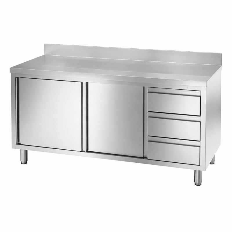 Nerūsējošā tērauda darba galds ar plauktu, 2 bīdāmas durvis, 3 atvilktnes labajā pusē, 150x70x95cm