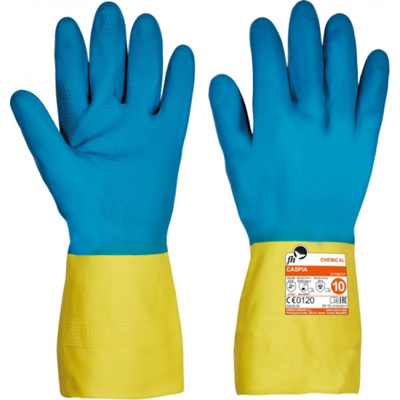 Cimdi lateksa, Caspia, ķīmiskai aizsardzībai, zili/dzelteni, 30cm, XL/10
