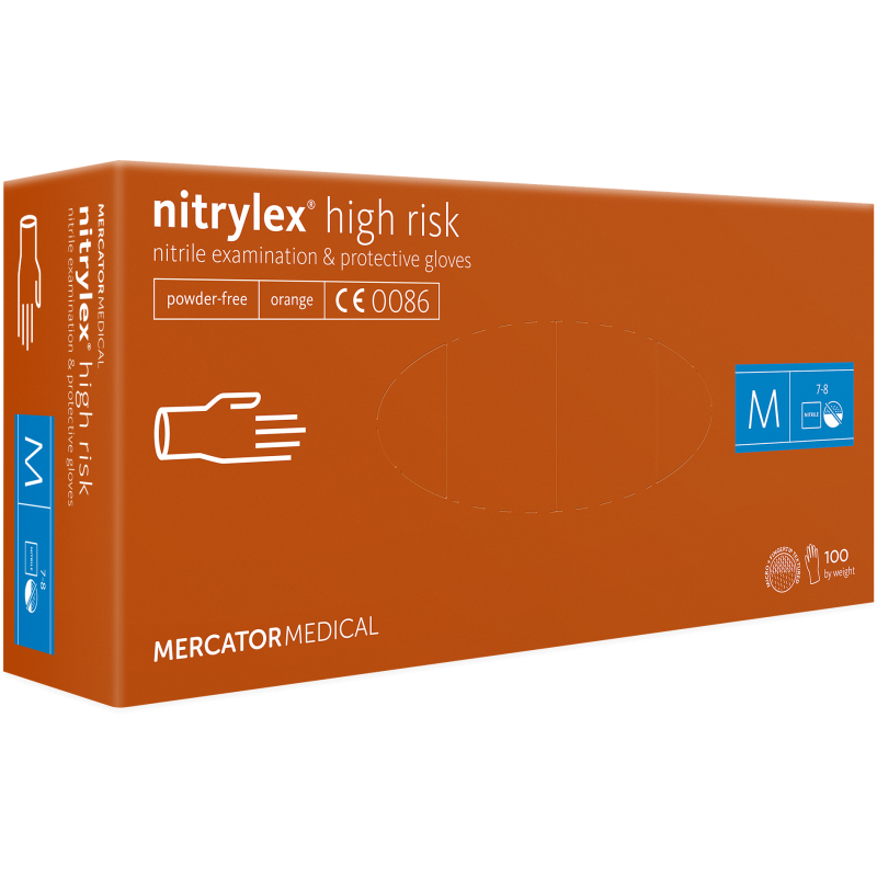 Cimdi nitrila NITRYLEX HIGH RISK, bez pūdera, oranži, M