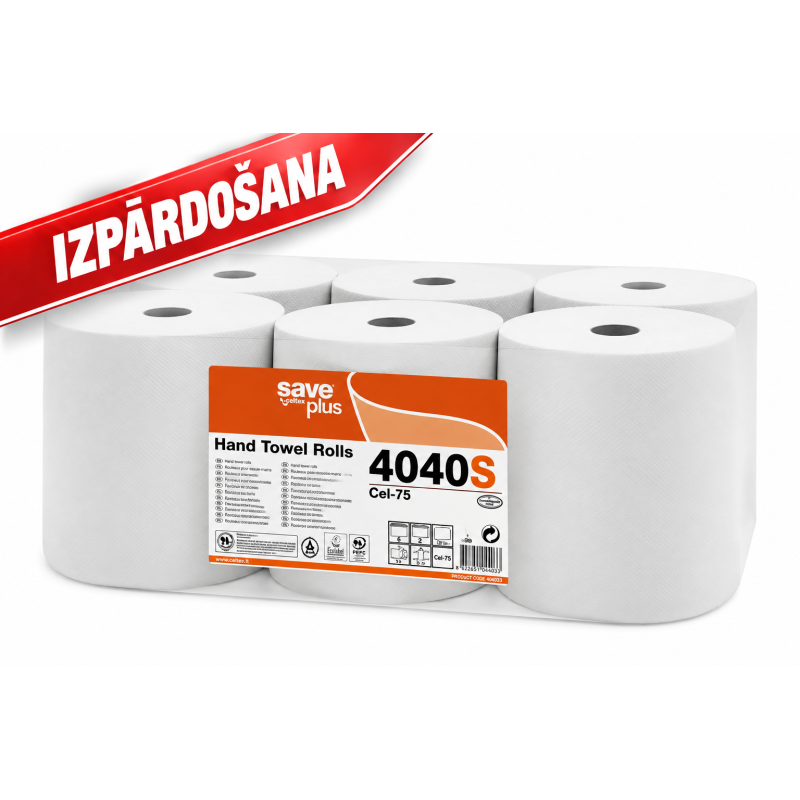 Roku dvieļi ruļļos Celtex Autocut Save Plus, pārstrādāta šķiedra, bez perforācijas, balts, 2k, 130m