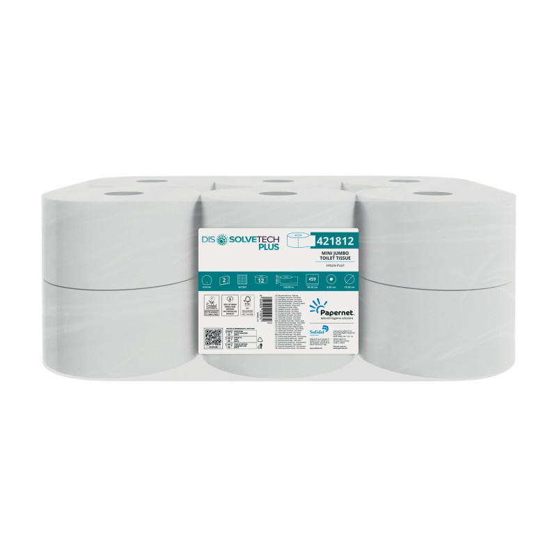 Tualetes papīrs ruļļos Mini Jumbo balts, Dissolve Tech Plus,2k,140m
