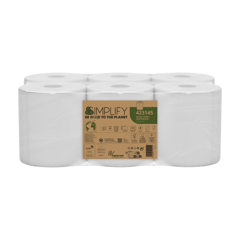 Roku dvieļi ruļļos ar centra padevi Simplify, 100% celuloze, balti, 2K, 90m