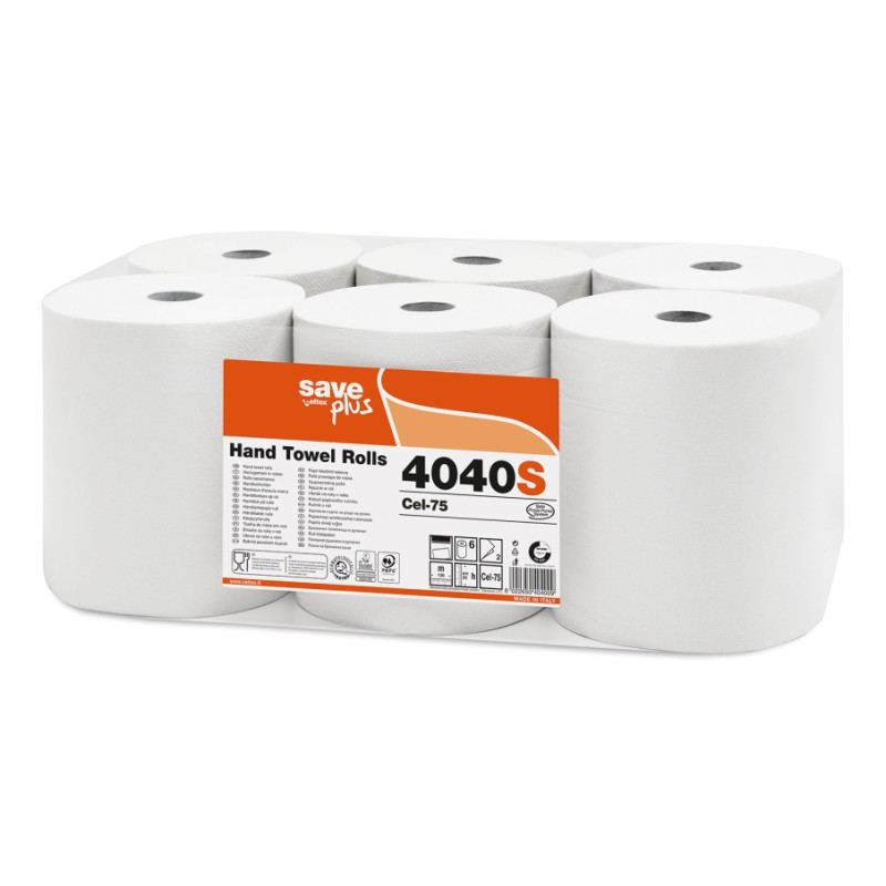 Roku dvieļi SAVE Plus, pārstrādāta šķiedra, bez perforācijas, balts, 2K,130m